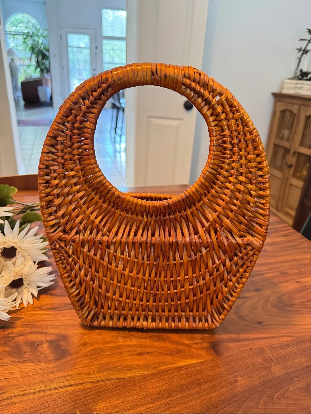 Natural Brown Rattan Wall Basket Tote Circular Handle Storage 13